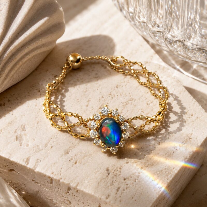 "A Song of Ice and Fire" 18K Gold Australian Black Opal Chain Ring