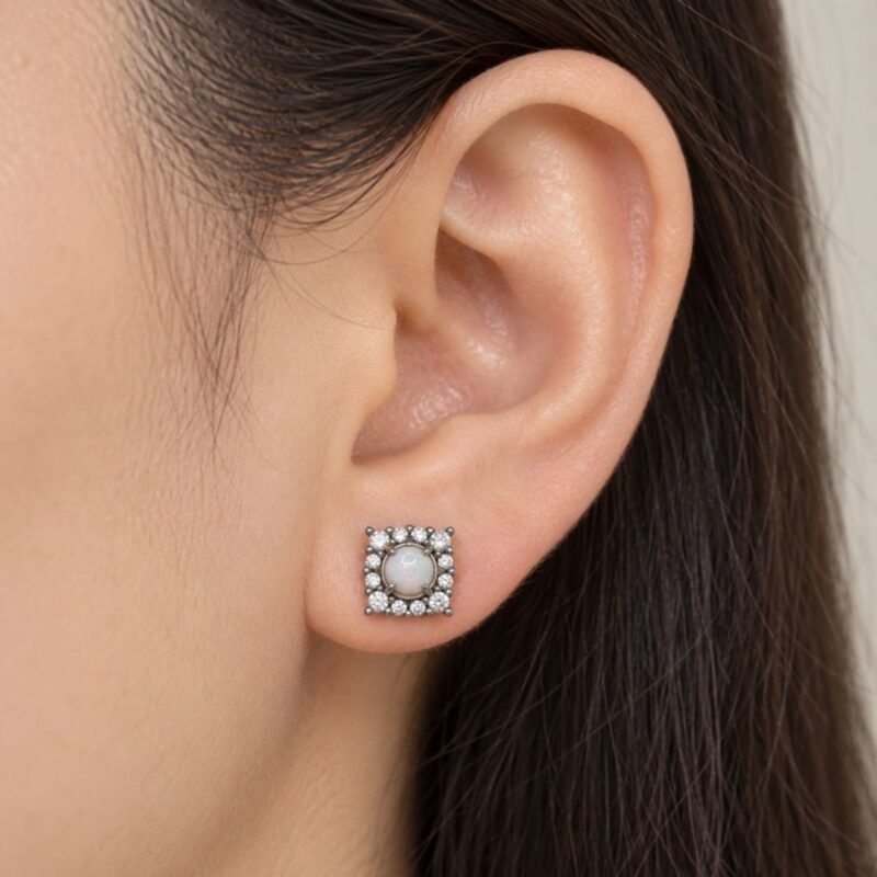 Oxidized Sterling Silver White Opal Stud Earrings