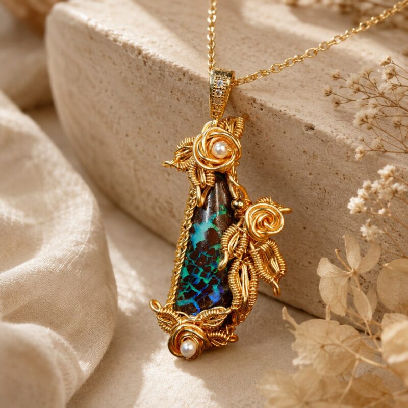 14K Gold-Filled Wire-Wrapped Australian Boulder Opal Pendant