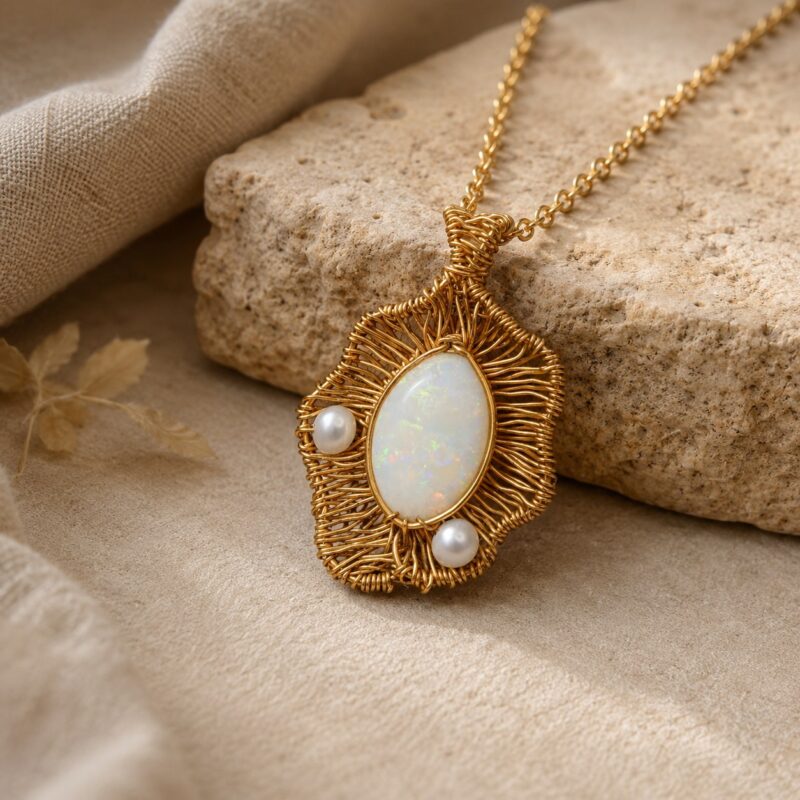 14K Gold-Filled Wire-Wrapped Australian White Opal Pendant