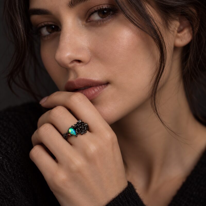 "Night Rose" Sterling Silver Australian Crystal Opal Ring