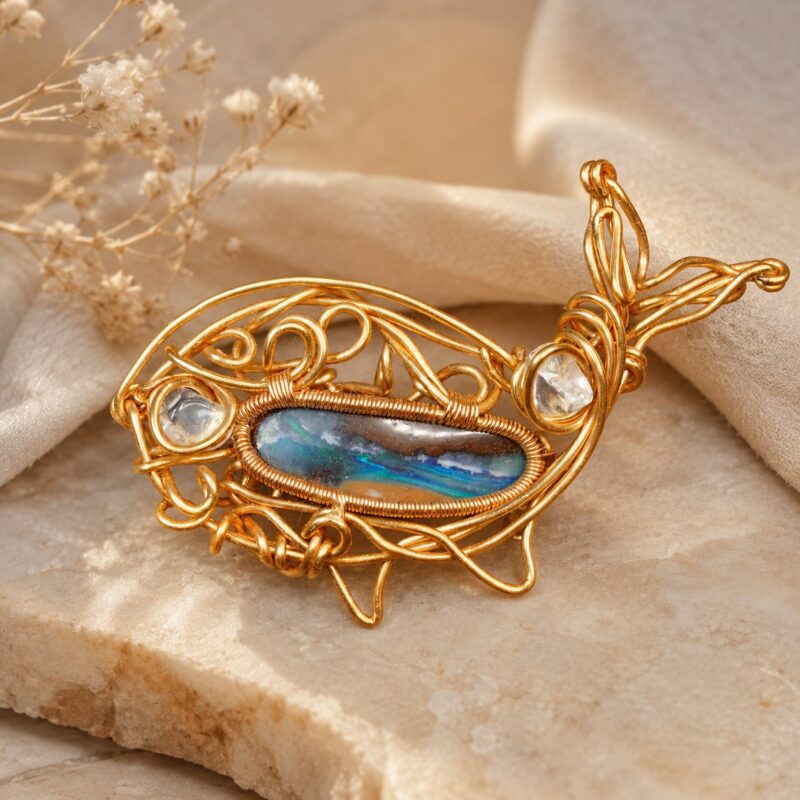 14K Gold-Filled Wire-Wrapped Australian Boulder Opal Brooch