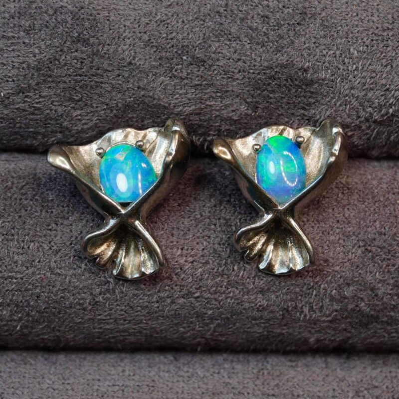 Oxidized Sterling Silver Australian Crystal Opal Stud Earrings