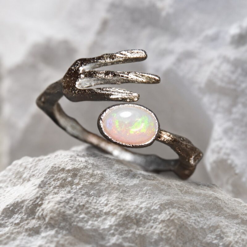 "Fork and Spoon" Oxidized Sterling Silver Australian Crystal Opal Ring