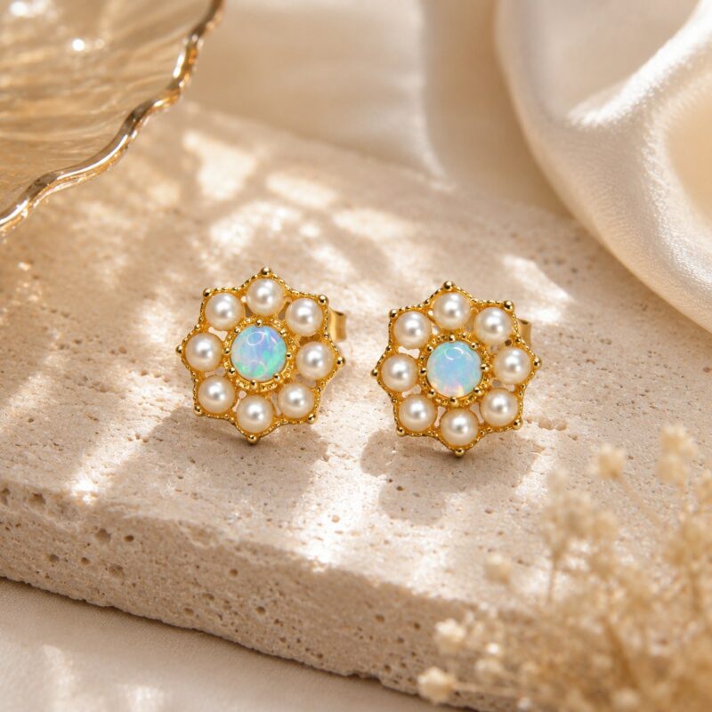 18K Gold Australian Crystal Opal Stud Earrings