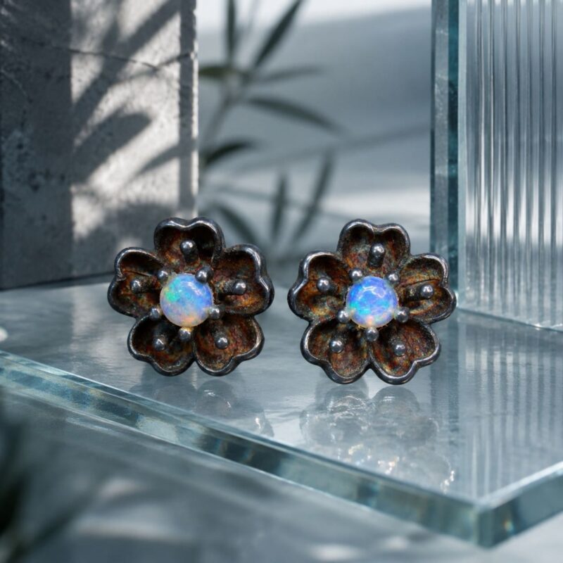 Oxidized Sterling Silver Australian Crystal Opal Stud Earrings