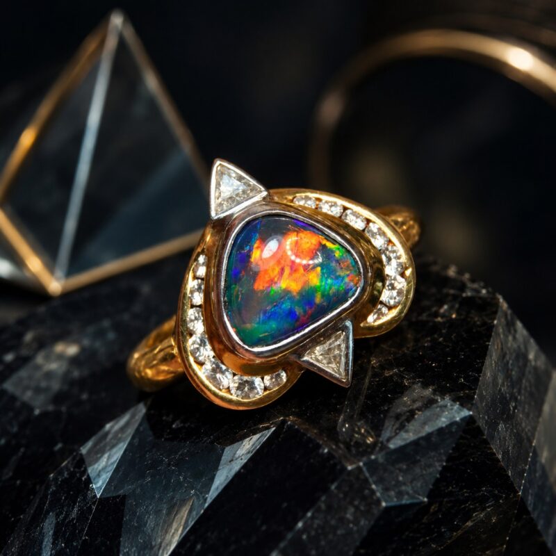 Australian Black Opal Ring in a Substantial 18K Gold Setting