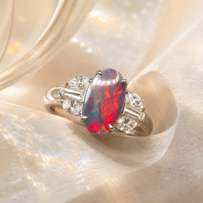 Pt900 Platinum Australian Black Opal Ring