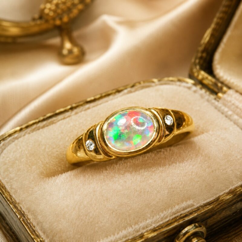 18K Gold Australian Semi-Black Opal Ring with a Harlequin Pattern