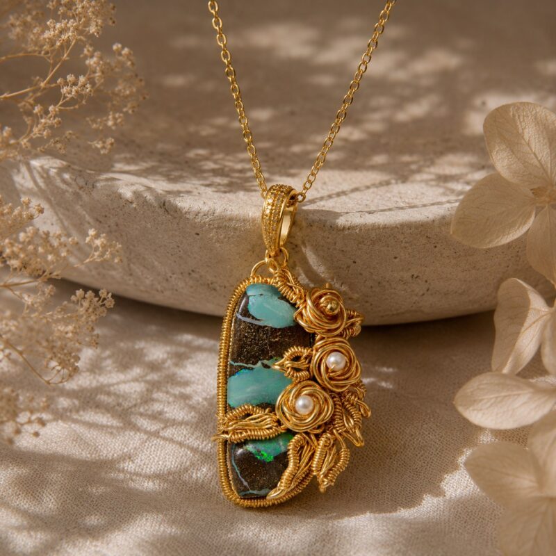14K Gold-Filled Wire-Wrapped Australian Boulder Opal Pendant