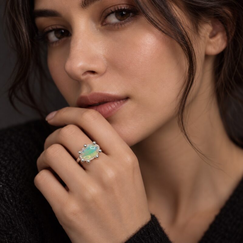 "Starlit Blossom" Sterling Silver Mexican Fire Opal Ring