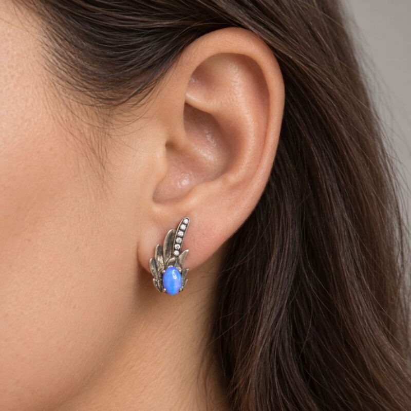 Oxidized Sterling Silver Crystal Opal Stud Earrings