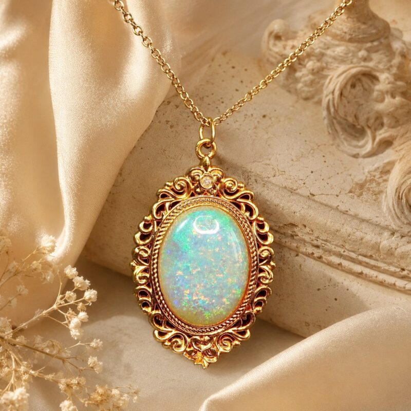 18K Gold Australian Crystal Opal Pendant - 3D Hard Gold