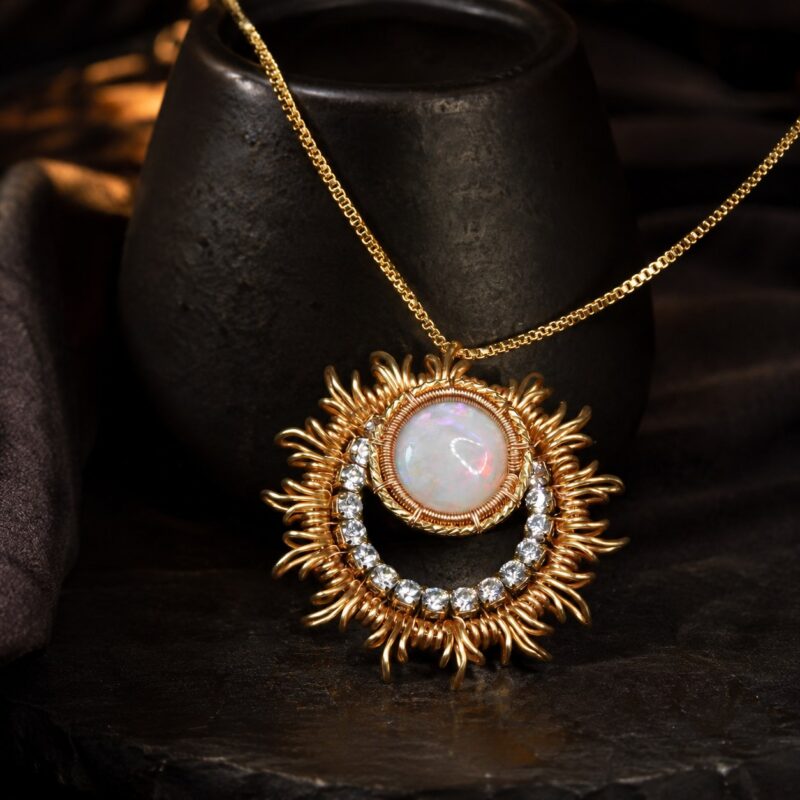 14K Gold-Filled Wire-Wrapped Australian White Opal Pendant