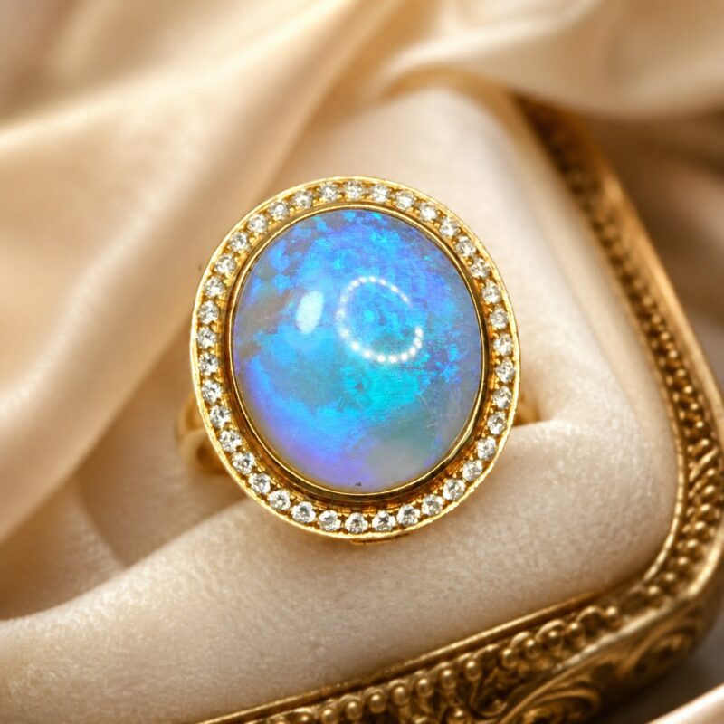 18K Gold Australian Black Crystal Opal Ring and Pendant