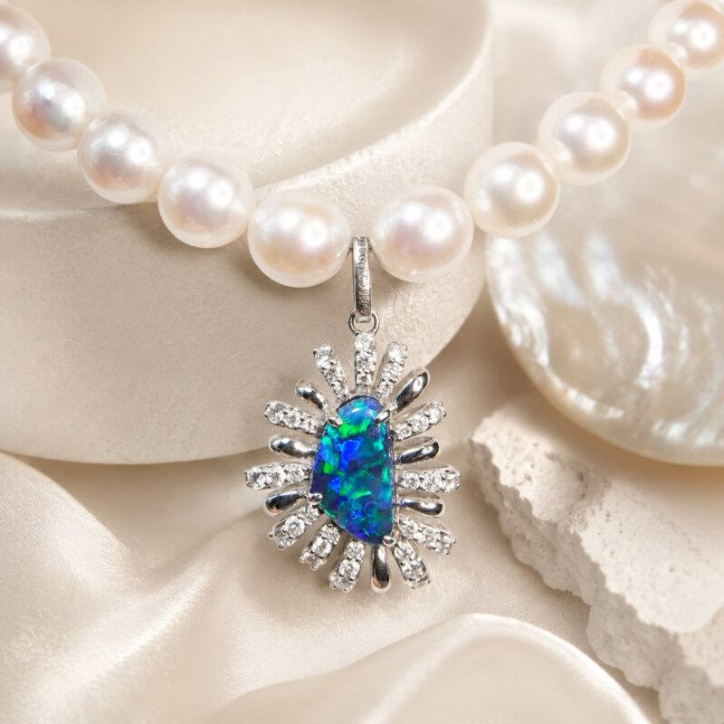 18K Gold Black Opal and Saltwater Pearl Pendant