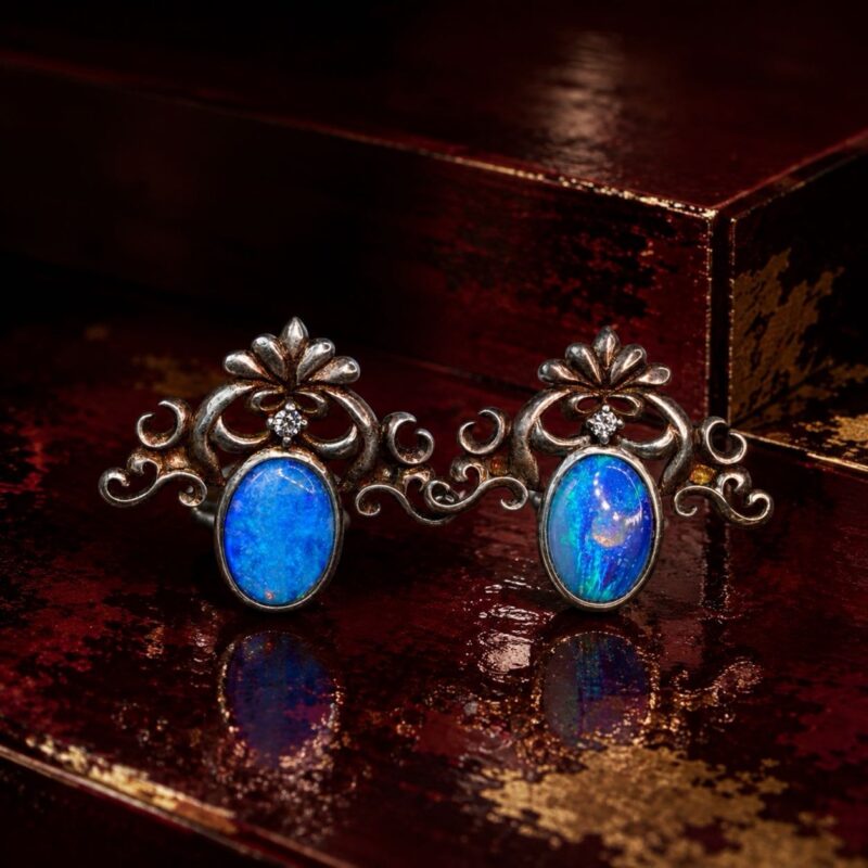 Oxidized Sterling Silver Australian Crystal Opal Stud Earrings